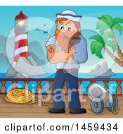 Clipart Of A Male Sailor Smoking A Pipe On A Ship Deck Royalty Free Vector Illustration