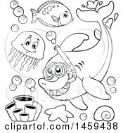 Clipart Of A Black And White Shark With Fish Royalty Free Vector Illustration