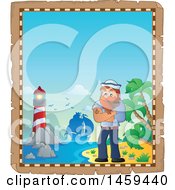 Clipart Of A Parchment Border Of A Male Sailor Smoking A Pipe On A Beach Royalty Free Vector Illustration