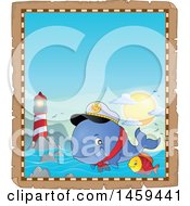 Poster, Art Print Of Parchment Border Of A Fish And Captain Whale Splashing Water Near A Lighthouse