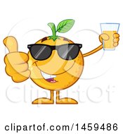 Navel Orange Fruit Mascot Character Wearing Sunglasses Giving A Thumb Up And Holding A Glass Of Juice