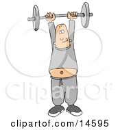 Man In Sweats Struggling To Hold A Barbell Above His Head While Exercising In The Fitness Gym Clipart Illustration