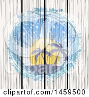 Clipart Of A Tropical Palm Tree And Sunset Circle With Bubbles On Wood Panels Royalty Free Vector Illustration