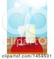 Poster, Art Print Of Wine Bottle And Glass On A Table Against A Sunny Blue Sky