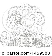 Clipart Of A Black And White Birdhouse In A Tree Over A Cottage In Winter Snow Royalty Free Vector Illustration