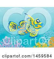 Clipart Of A Mandarinfish Goby Over A Coral Reef Royalty Free Illustration