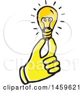 Clipart Of A Yellow Pop Art Styled Hand Holding A Lightbulb Royalty Free Vector Illustration