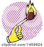Clipart Of A Yellow Pop Art Styled Hand Holding A Lit Match Over A Halftone Oval Royalty Free Vector Illustration