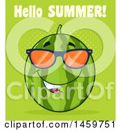 Poster, Art Print Of Watermelon Character Mascot Wearing Sunglasses With Hello Summer Text On Green