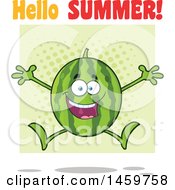 Poster, Art Print Of Happy Watermelon Character Mascot Jumping With Hello Summer Text And Green Halftone