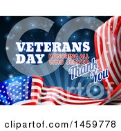 Poster, Art Print Of 3d Waving American Flag With Veterans Day Honoring All Who Served Thank You Text And Blue Sparkles And Rays