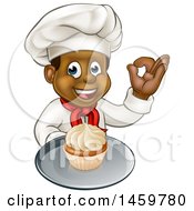 Poster, Art Print Of Cartoon Happy Full Length Black Male Chef Holding A Cupcake On A Platter And Gesturing Perfect