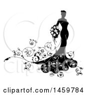 Clipart Of A Silhouetted Black And White Bride With Swirls Royalty Free Vector Illustration