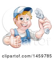 Clipart Of A Cartoon Happy White Male Plumber Wearing A Hat Holding An Adjustable Wrench And Giving A Thumb Up Royalty Free Vector Illustration