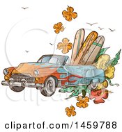 Clipart Of A Sketched Vintage Convertible Car With Surf Boards And Flowers Royalty Free Vector Illustration by Domenico Condello #COLLC1459788-0191