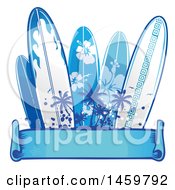 Poster, Art Print Of Palm Tree And Blue Surfboard Design With A Ribbon Banner