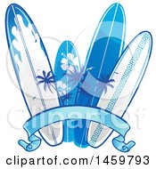 Clipart Of A Palm Tree And Blue Surfboard Design With A Ribbon Banner Royalty Free Vector Illustration