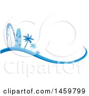 Poster, Art Print Of Blue Palm Tree And Surfboard Design With A Wave