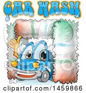 Blue Automobile Mascot Driving Through A Car Wash With Text