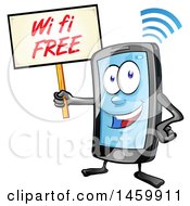 Poster, Art Print Of Cartoon Smart Phone Mascot Holding Up A Free Wifi Sign