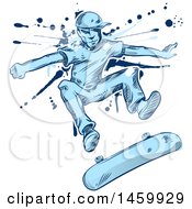 Poster, Art Print Of Sketched Blue Skater Jumping And Flipping His Skateboard Over Grunge