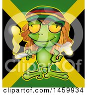 Cartoon Jamaican Rasta Frog Smoking A Marijuana Joint Over A Flag