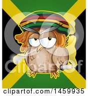 Cartoon Jamaican Rasta Owl Smoking A Marijuana Joint Over A Flag