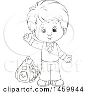 Clipart Of A Black And White School Boy Waving Royalty Free Vector Illustration