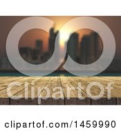 Poster, Art Print Of 3d Wood Table With A Blurred City View At Sunset