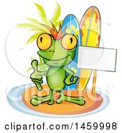 Poster, Art Print Of Frog Giving A Thumb Up By A Blank Sign And Surfboards On An Island