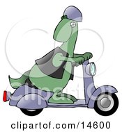 Cool Green Dinosaur Wearing A Vest And Helmet Looking Back Over His Shoulder While Riding A Grey Scooter Clipart Illustration