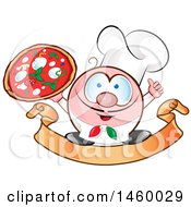 Poster, Art Print Of Cartoon Italian Chef Holding A Pizza And Thumb Up On A Banner