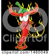 Clipart Of A Spicy Red Chile Pepper Devil Mascot With Flames On Black Royalty Free Vector Illustration