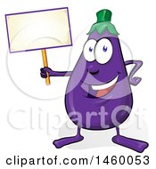 Clipart Of A Cartoon Eggplant Mascot Holding A Blank Sign Royalty Free Vector Illustration