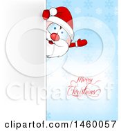 Poster, Art Print Of Santa Claus Waving Around A Sign Over A Blue Snowflake Background And Merry Christmas Text