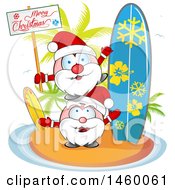 Poster, Art Print Of Christmas Santas On An Island With A Surfboard And Merry Christmas Sign