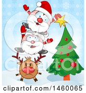 Poster, Art Print Of Christmas Reindeer With Santas Applying A Star To A Christmas Tree