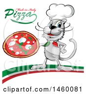 Poster, Art Print Of Cartoon Chef Cat Holding A Pizza Pie With Made In Italy Pizza Text On An Italian Swoosh