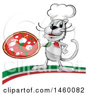 Poster, Art Print Of Cartoon Chef Cat Holding A Pizza Pie On An Italian Swoosh
