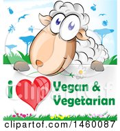 Poster, Art Print Of Cartoon Happy Sheep Over An I Love Vegan And Vegetarian Sign
