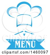 Poster, Art Print Of Blue Chef Face Wearing A Toque Over Menu Text With Cutlery Mustach