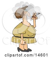 Woman In A Yellow Dress Standing Outside In A Cloud And Smoking A Cigarette On Her Break