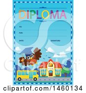Poster, Art Print Of Diploma Template With A School Bus Building And Owl