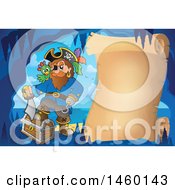 Clipart Of A Parchment Scroll In A Cave With A Pirate And Treasure Royalty Free Vector Illustration