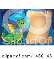 Clipart Of A Parchment Scroll In A Cave With A Green Dragon Royalty Free Vector Illustration