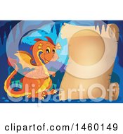 Clipart Of A Parchment Scroll In A Cave With An Orange Dragon Royalty Free Vector Illustration
