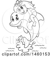 Clipart Of A Black And White Girl Riding A Dolphin Royalty Free Vector Illustration