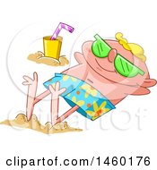 Clipart Of A Happy Man Sun Bathing On A Sandy Beach Royalty Free Vector Illustration by yayayoyo