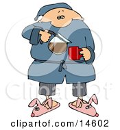 Sleepy Man In Pjs And Bunny Slippers Pouring Himself A Cup Of Fresh Hot Coffee In The Morning