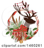 Poster, Art Print Of Silhouetted Christmas Reindeer With Decor In A Wreath